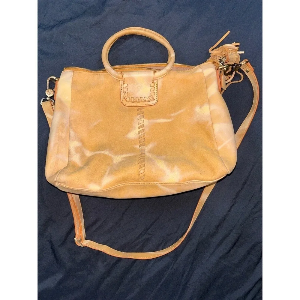 HOBO Sheila Satchel Crossbody Bag Womens Medium Tan Beige Tie-Dye Tassel leather